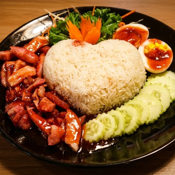 Heart-shaped rice, red pork, sliced cucumbers, and boiled eggs with sauce on a black plate.